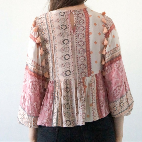 AEO Embroidered Balloon Sleeve Tassel Peasant Patchwork Peplum Top - Picture 8 of 11